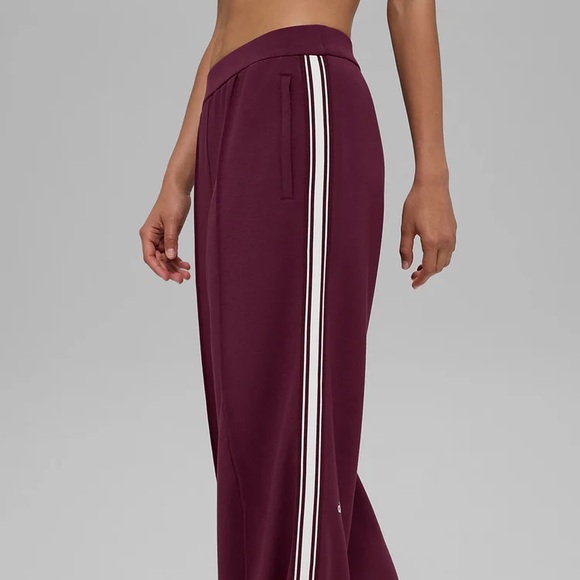 ALO Yoga Pants - NWT Alo Track Star Wide Leg Pant. Burgundy Wide-Leg Pants with White Stripes